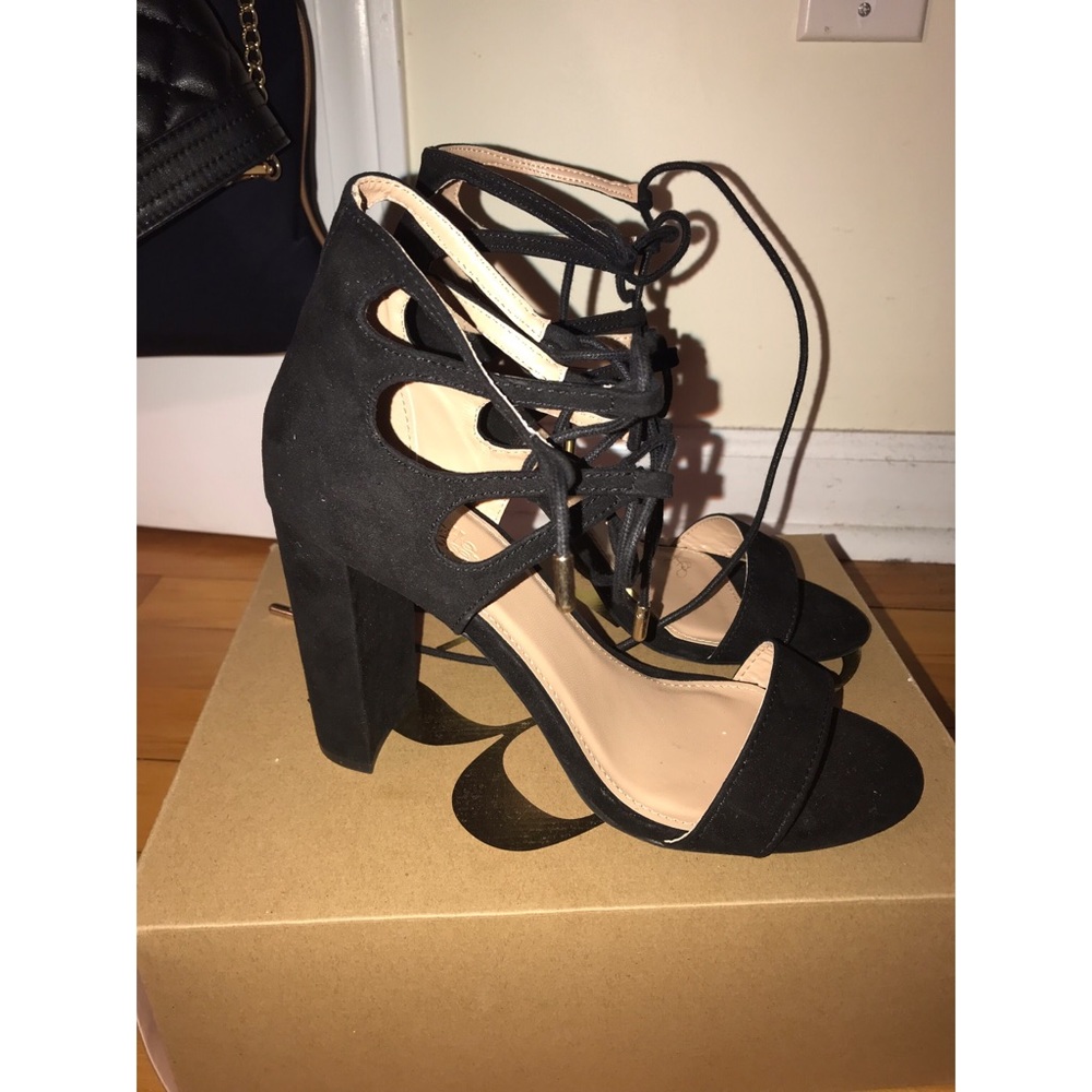 Black lace up block heels